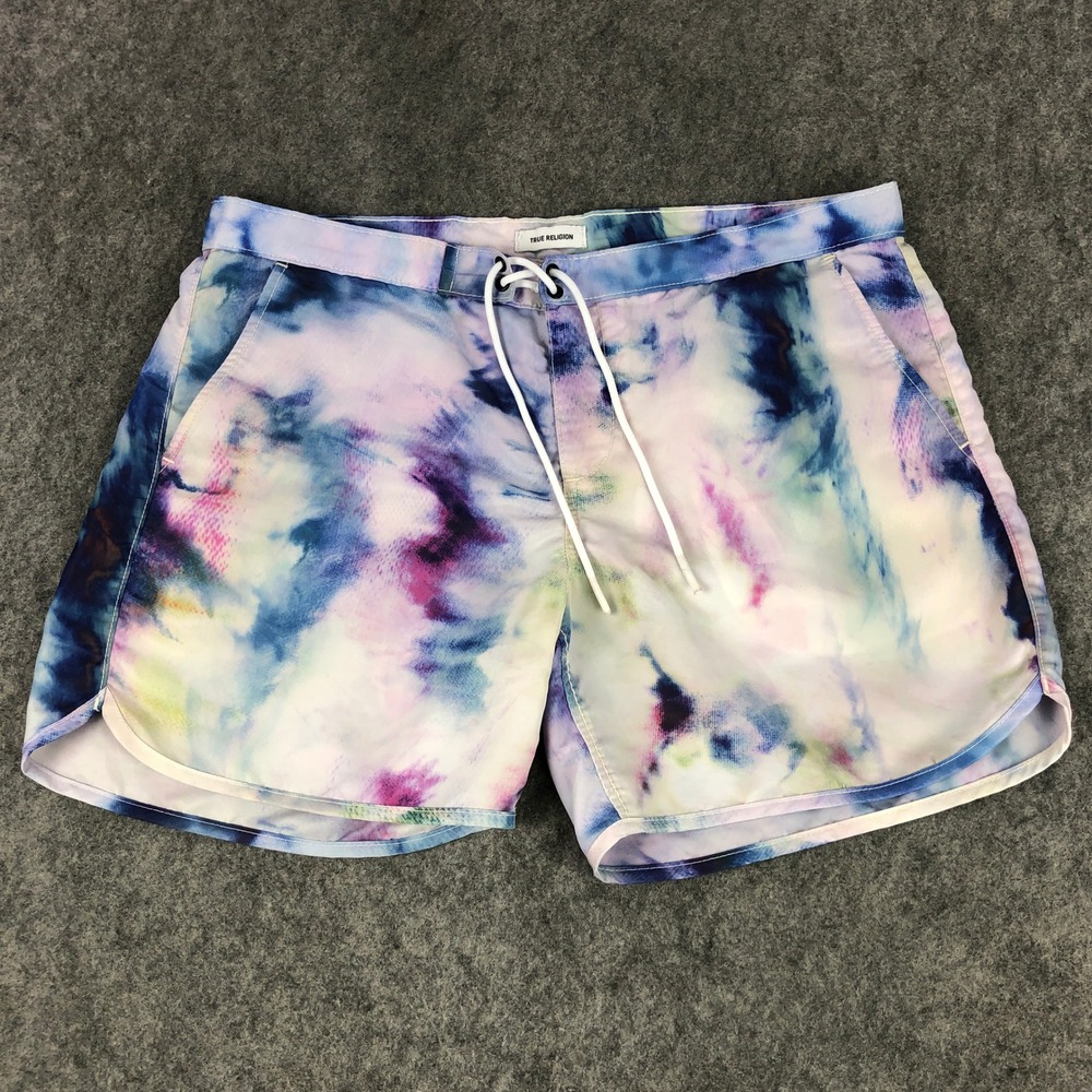 True Religion Board Shorts Mens 36 Tie Dye Swim Trunks Drawstring Zipper Beach